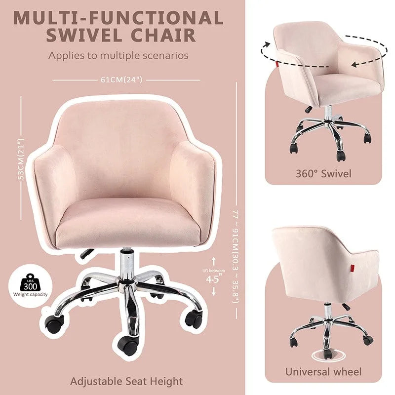 VANITII Fauteuil d'appoint Chaise de bureau pivotante avec roulettes Moderne Réglable en hauteur Rose/Gris/Blanc