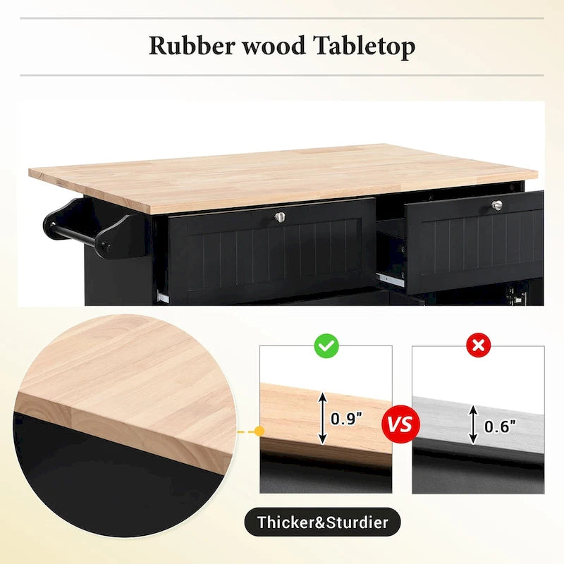 Ensemble îlot de cuisine de ferme avec abattant – Table à manger avec meuble de rangement, tiroirs et tabourets, étagère réglable