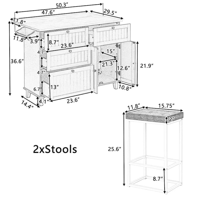 Ensemble îlot de cuisine de ferme avec abattant – Table à manger avec meuble de rangement, tiroirs et tabourets, étagère réglable