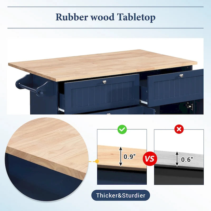 Ensemble îlot de cuisine de ferme avec abattant – Table à manger avec meuble de rangement, tiroirs et tabourets, étagère réglable