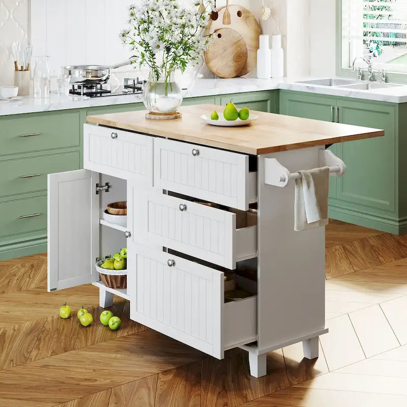 Ensemble îlot de cuisine de ferme avec abattant – Table à manger avec meuble de rangement, tiroirs et tabourets, étagère réglable