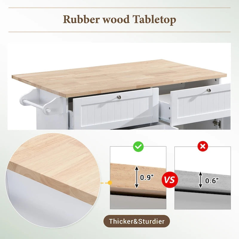 Ensemble îlot de cuisine de ferme avec abattant – Table à manger avec meuble de rangement, tiroirs et tabourets, étagère réglable