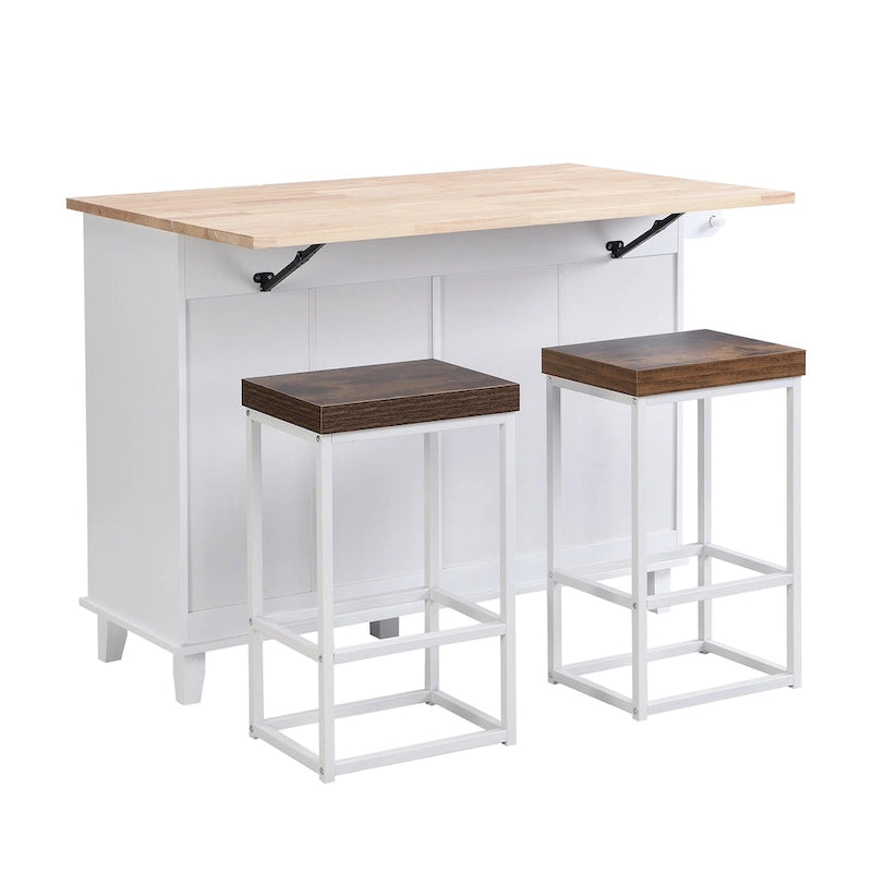 Ensemble îlot de cuisine de ferme avec abattant – Table à manger avec meuble de rangement, tiroirs et tabourets, étagère réglable