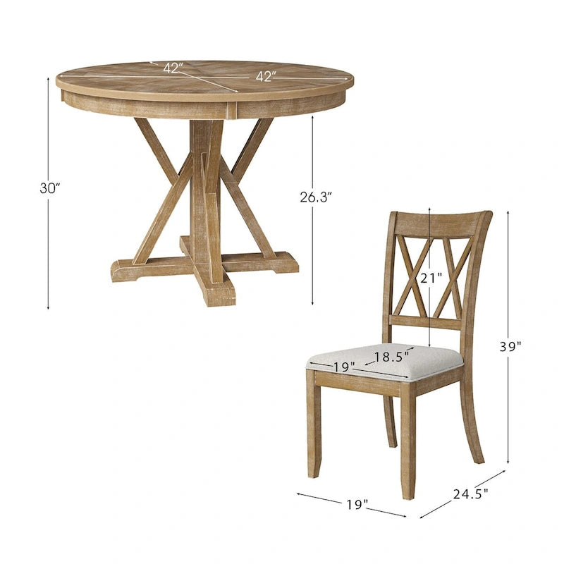 Ensemble de table à manger ronde naturelle pour 4 personnes, style rustique