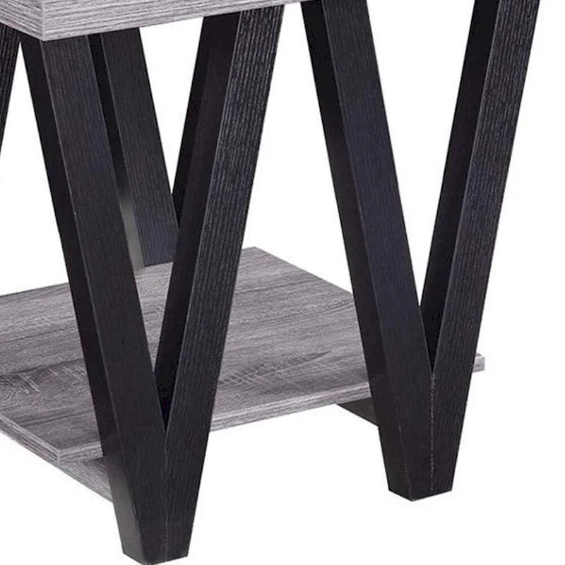 Table d'appoint contemporaine Zig-zag en bois massif avec étagère inférieure, gris et noir