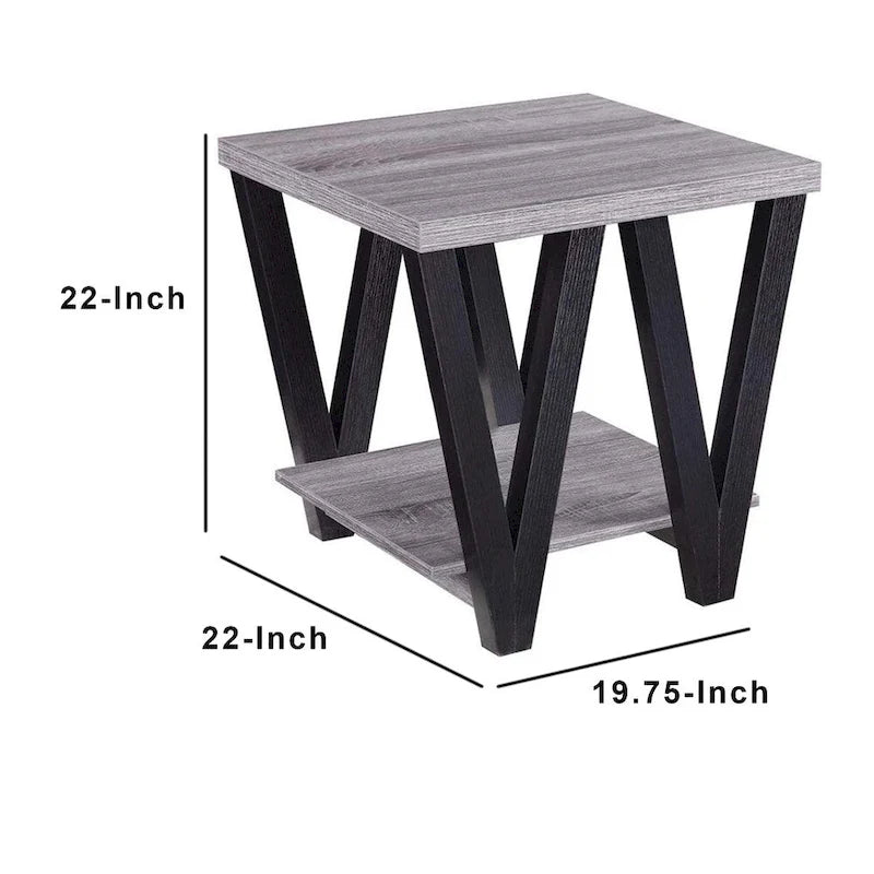 Table d'appoint contemporaine Zig-zag en bois massif avec étagère inférieure, gris et noir