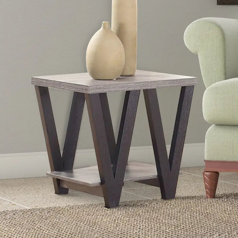 Table d'appoint contemporaine Zig-zag en bois massif avec étagère inférieure, gris et noir