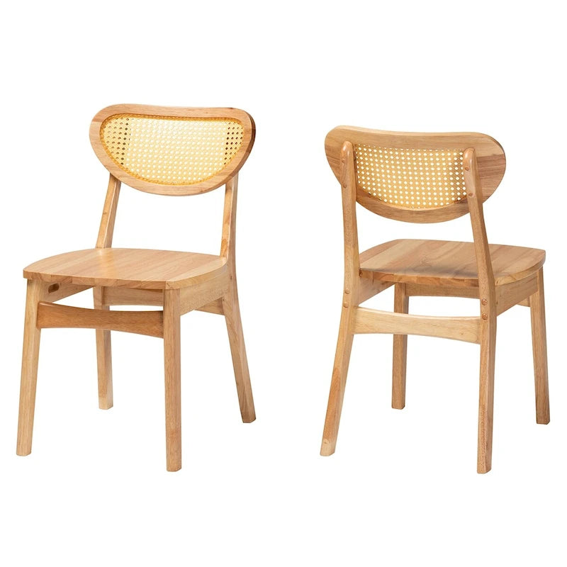 Lot de 2 chaises de salle à manger Nenet en bois de chêne finition marron et rotin, style Mid-Century Modern