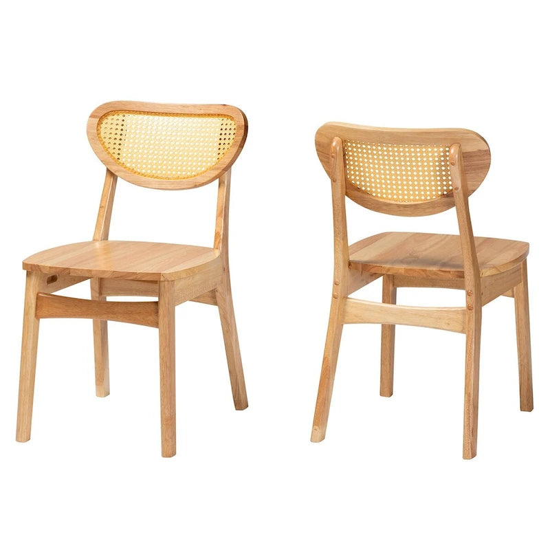 Lot de 2 chaises de salle à manger Nenet en bois de chêne finition marron et rotin, style Mid-Century Modern