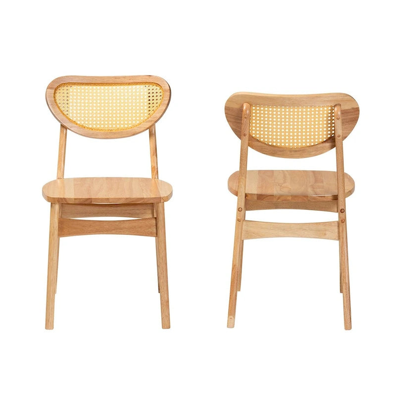 Lot de 2 chaises de salle à manger Nenet en bois de chêne finition marron et rotin, style Mid-Century Modern