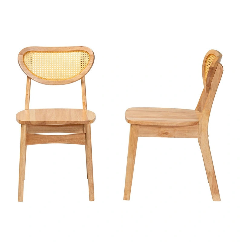 Lot de 2 chaises de salle à manger Nenet en bois de chêne finition marron et rotin, style Mid-Century Modern