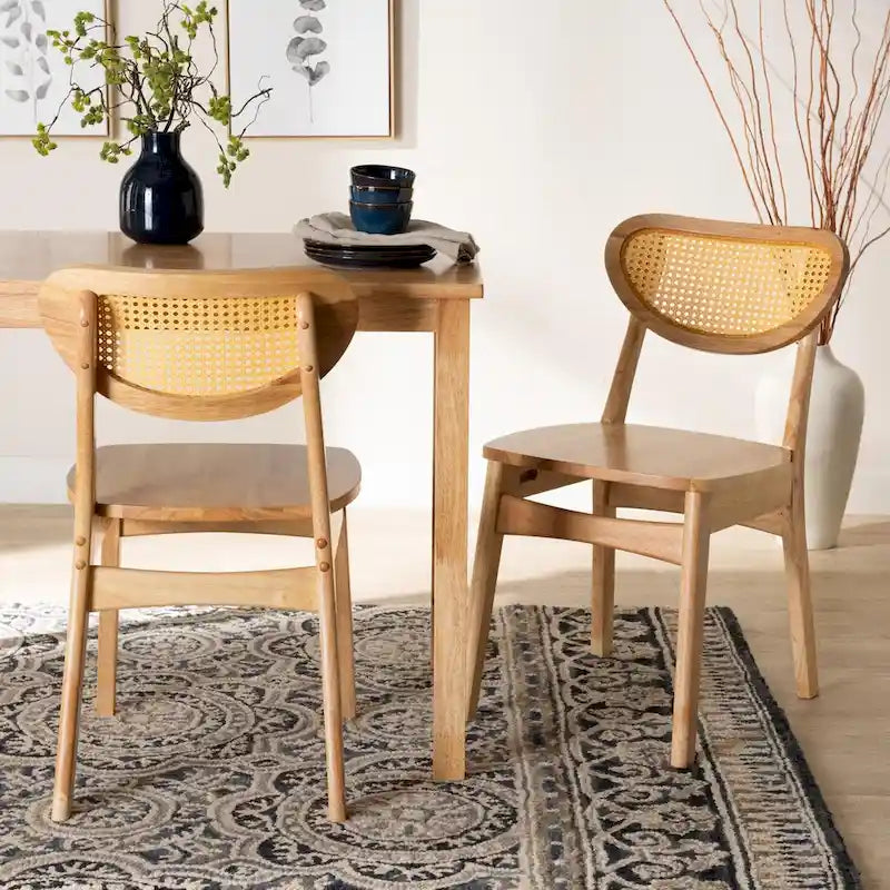 Lot de 2 chaises de salle à manger Nenet en bois de chêne finition marron et rotin, style Mid-Century Modern