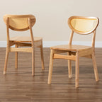 Lot de 2 chaises de salle à manger Nenet en bois de chêne finition marron et rotin, style Mid-Century Modern