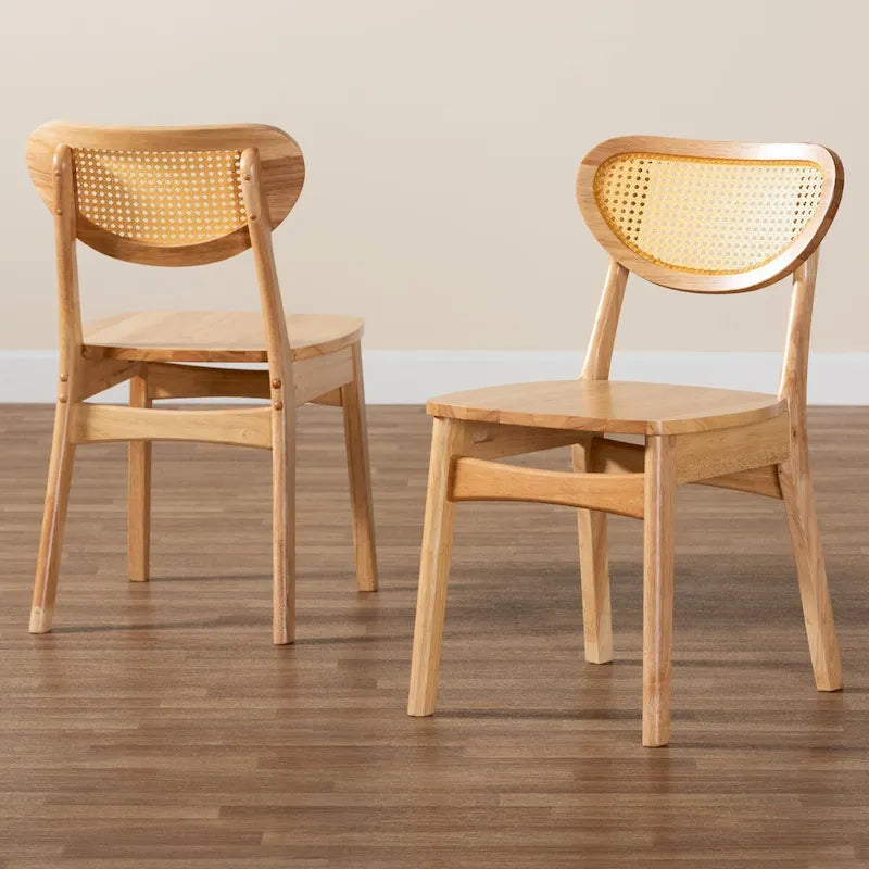 Lot de 2 chaises de salle à manger Nenet en bois de chêne finition marron et rotin, style Mid-Century Modern