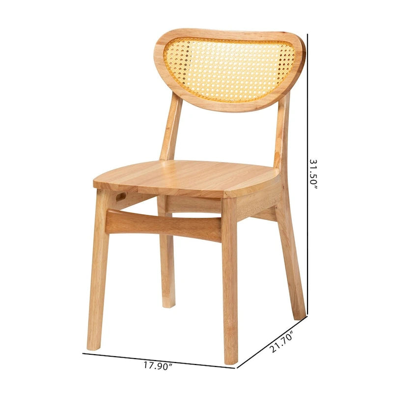 Lot de 2 chaises de salle à manger Nenet en bois de chêne finition marron et rotin, style Mid-Century Modern