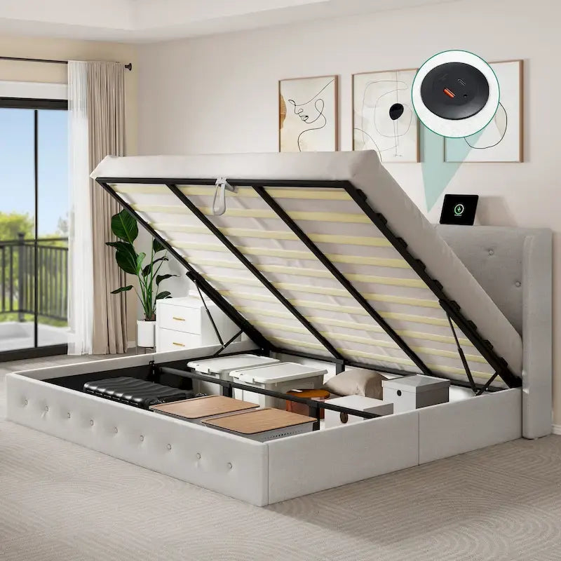 Lit plateforme de rangement capitonné beige pour 2 personnes, taille grand lit