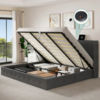 Lit plateforme de rangement capitonné beige pour 2 personnes, taille grand lit