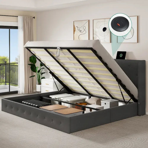 Lit plateforme de rangement capitonné beige pour 2 personnes, taille grand lit