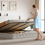 Lit plateforme de rangement capitonné beige pour 2 personnes, taille grand lit