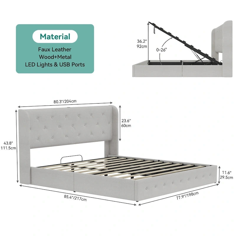 Lit plateforme de rangement capitonné beige pour 2 personnes, taille grand lit