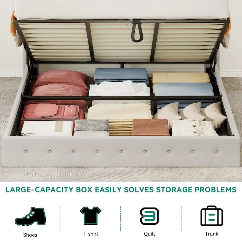 Lit plateforme de rangement capitonné beige pour 2 personnes, taille grand lit