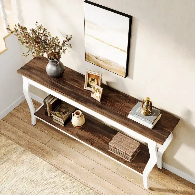 Table console étroite et longue à 2 niveaux pour entrée ou salon