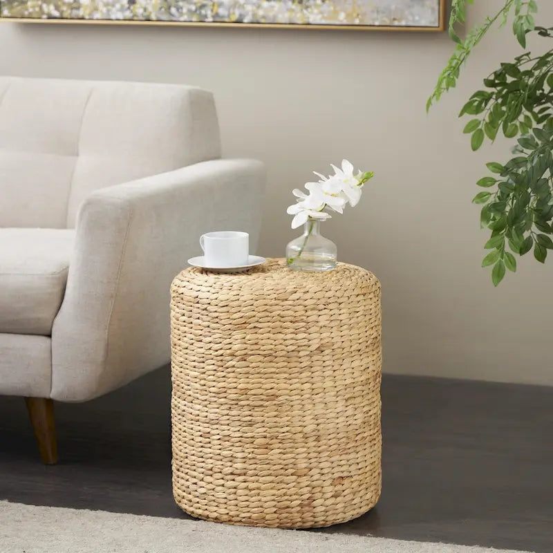 Table d'appoint cylindrique en jonc de mer tressé marron, pour 1