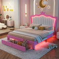Cadre de lit rembourré pleine grandeur avec lumières LED, lit de princesse moderne rembourré avec tête de lit couronne, 2 tiroirs, rose+blanc
