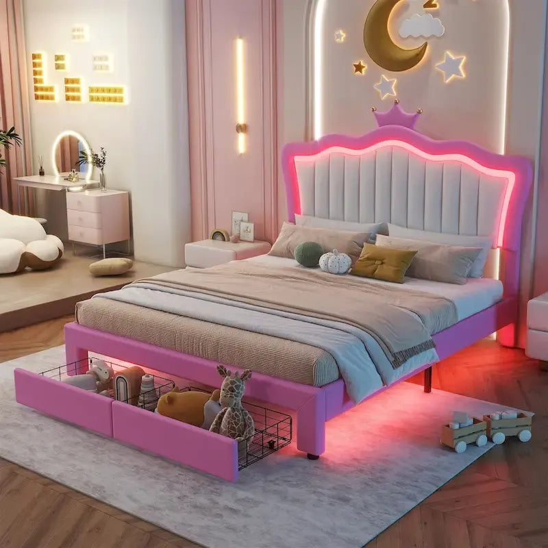 Cadre de lit rembourré pleine grandeur avec lumières LED, lit de princesse moderne rembourré avec tête de lit couronne, 2 tiroirs, rose+blanc