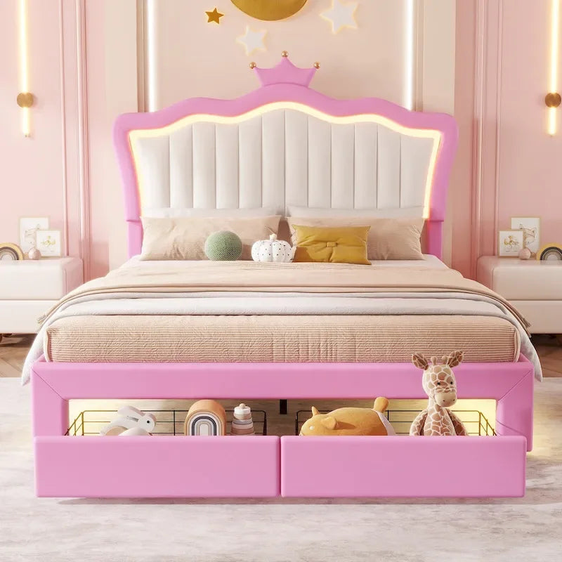 Cadre de lit rembourré pleine grandeur avec lumières LED, lit de princesse moderne rembourré avec tête de lit couronne, 2 tiroirs, rose+blanc