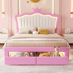 Cadre de lit rembourré pleine grandeur avec lumières LED, lit de princesse moderne rembourré avec tête de lit couronne, 2 tiroirs, rose+blanc