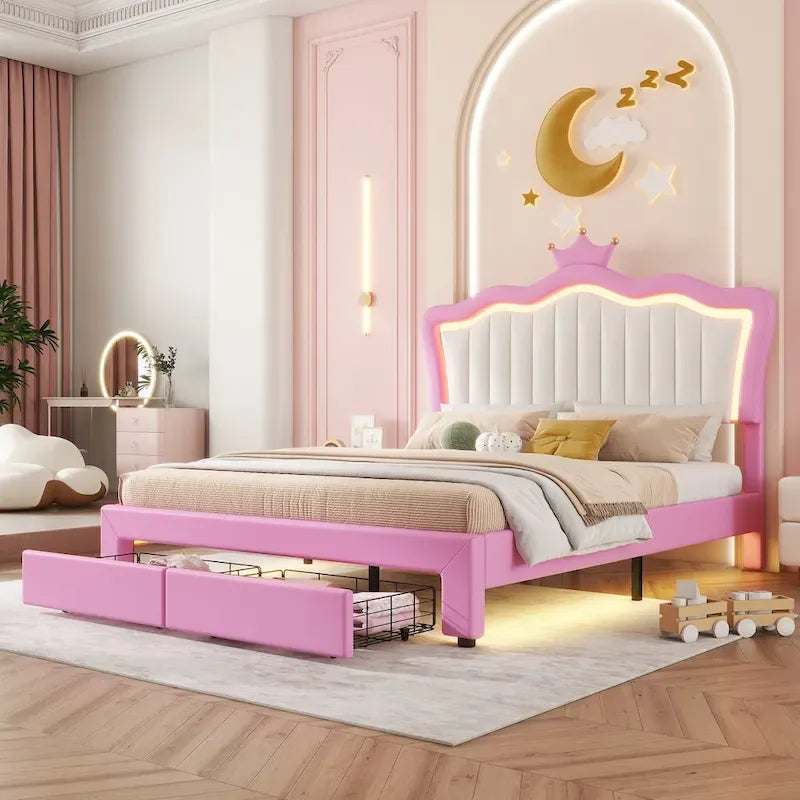 Cadre de lit rembourré pleine grandeur avec lumières LED, lit de princesse moderne rembourré avec tête de lit couronne, 2 tiroirs, rose+blanc