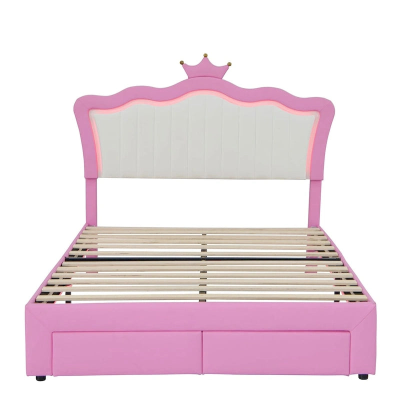 Cadre de lit rembourré pleine grandeur avec lumières LED, lit de princesse moderne rembourré avec tête de lit couronne, 2 tiroirs, rose+blanc