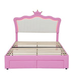 Cadre de lit rembourré pleine grandeur avec lumières LED, lit de princesse moderne rembourré avec tête de lit couronne, 2 tiroirs, rose+blanc