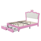 Cadre de lit rembourré pleine grandeur avec lumières LED, lit de princesse moderne rembourré avec tête de lit couronne, 2 tiroirs, rose+blanc