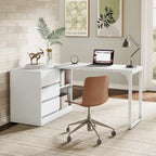 Bureau d'ordinateur blanc en L polyvalent avec tiroirs et étagères