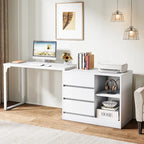 Bureau d'ordinateur blanc en L polyvalent avec tiroirs et étagères